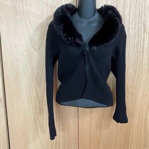 Black Fur-Trimmed Women's Sweater